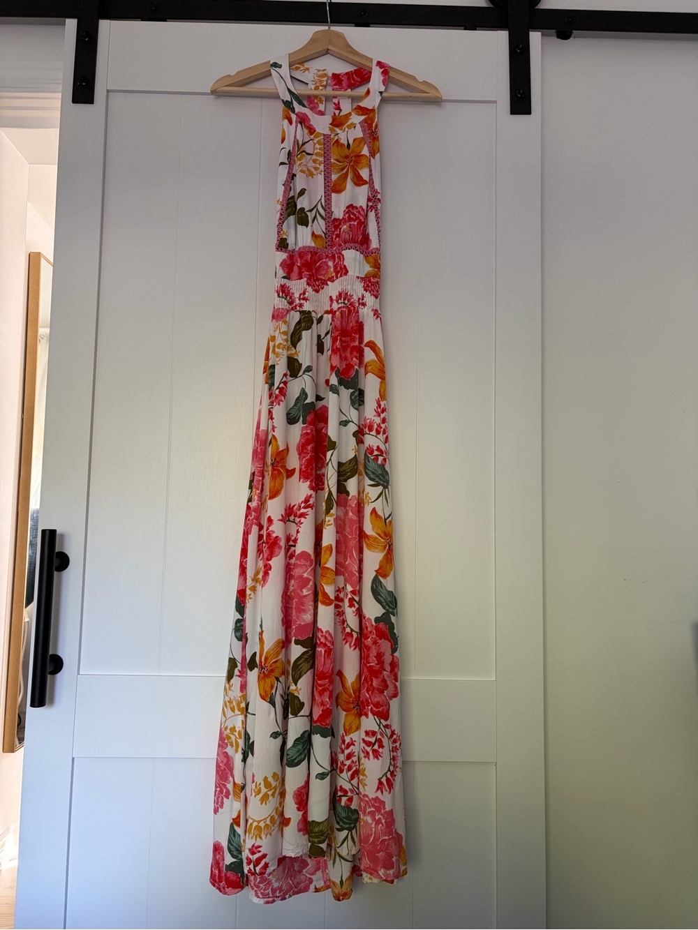 Sleeveless White Maxi Dress with Pink & Yellow Floral Print